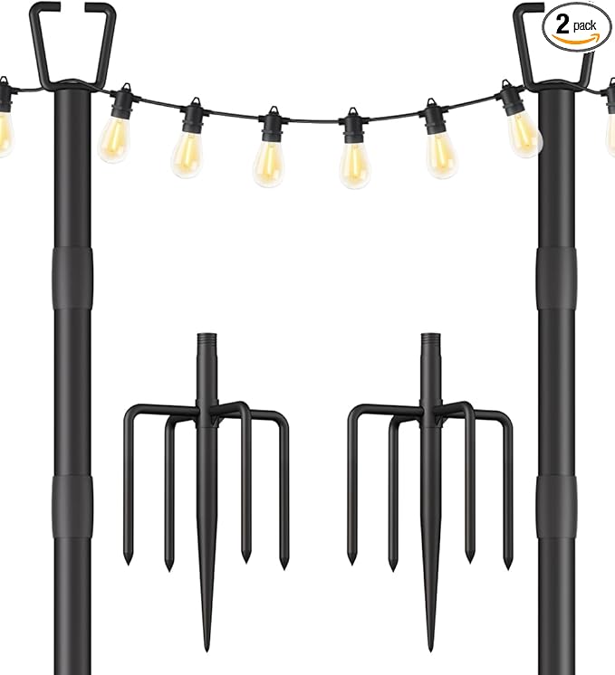 2 Pack 10FT String Light Poles for Outdoor Decor, Sturdy Light Pole with Fork, Adjustable Metal Posts for Outside | Lumora
