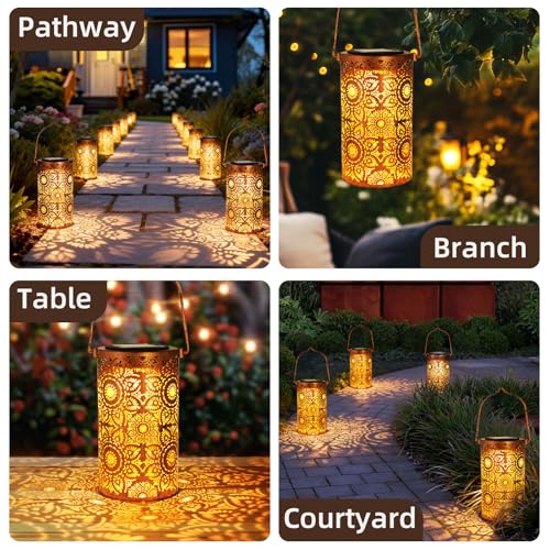 DIBIEECN Birthday Gifts for Women Mom Grandma Wife, Solar Lanterns Outdoor Waterproof, Metal Hanging Lights Garden Decor, LED Decorative Lantern for Patio Porch Backyard, Sunflower, 2 Pack