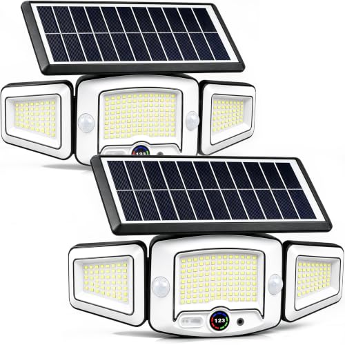 Solar Lights Outdoor Waterproof - Dual Motion Sensors & Rechargeable Battery, 3 Charging Methods Solar Flood Lights, Smart Display LED Security Lights for Garage, Porch, Patio, Yard
