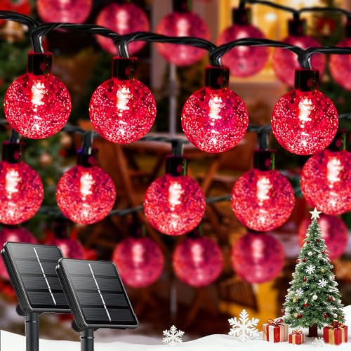 2 Pack 64FT 100 LED Crystal Globe Solar Christmas Lights, Red
