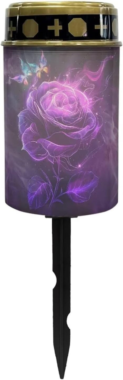 Purple Rose Solar Lights Outdoor Waterproof Solar Lights LED Grave Solar Light for Outdoor Cemetery Solar Stake Lights for Pathway Garden Yard