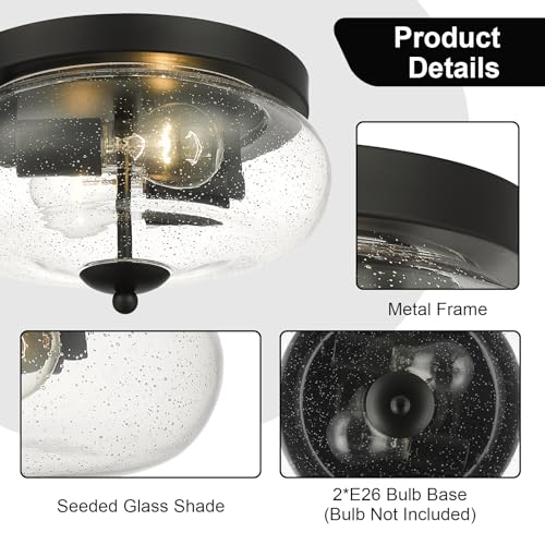 Darkaway Black Ceiling Light Fixtures, Indoor Outdoor Flush Mount Ceiling Light with Seeded Glass Shade for Farmhouse Hallway Kitchen Bedroom Porch Living Dining Room