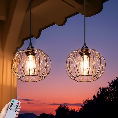 Battery Operated Hanging Chandelier Outdoor, Set of 2 with Remote, No Wiring, Boho Copper Wire Beaded Pendant Light, IP55 Weatherproof, Dimmable Timer, for Gazebo Pergola Porch Patio Decor