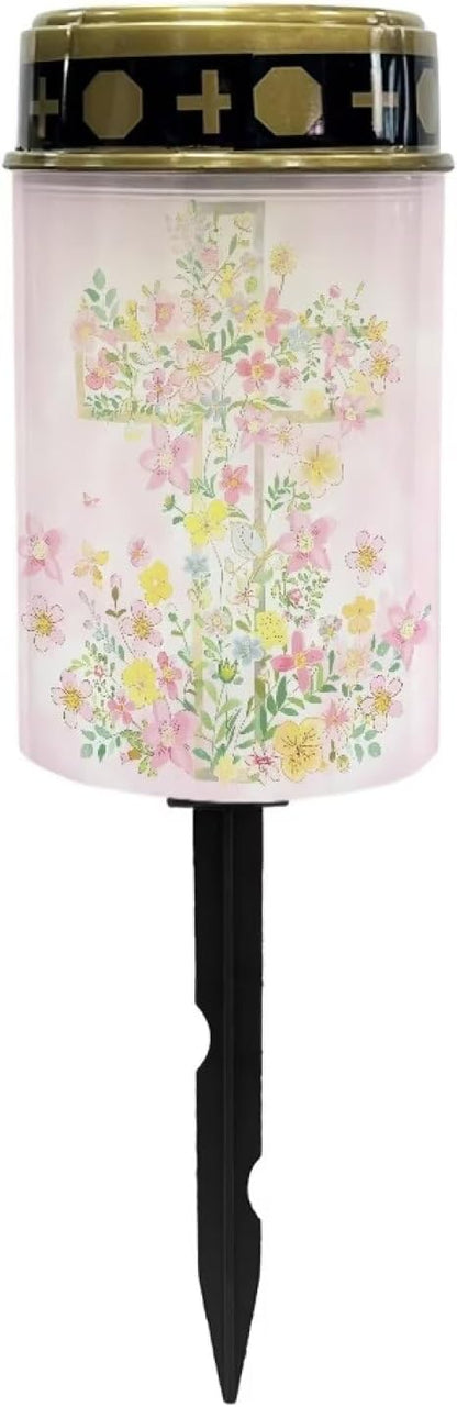 Poceacles Cross Solar Lights - Stake Light for Grave Site & Outdoor Garden, Pink Yellow Floral Cross, Water Resistant