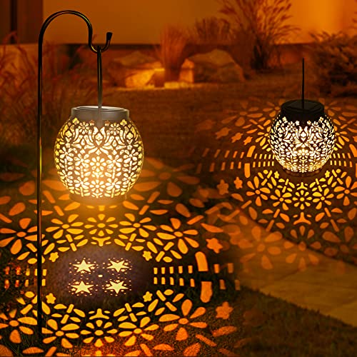 Brizled Solar Lantern Lights, 2 Pack Outdoor LED Hanging Lantern Lights with Star Projection, Warm White Solar Garden Lighting Retro Table Lanterns Light Waterproof for Garden Patio Courtyard Path