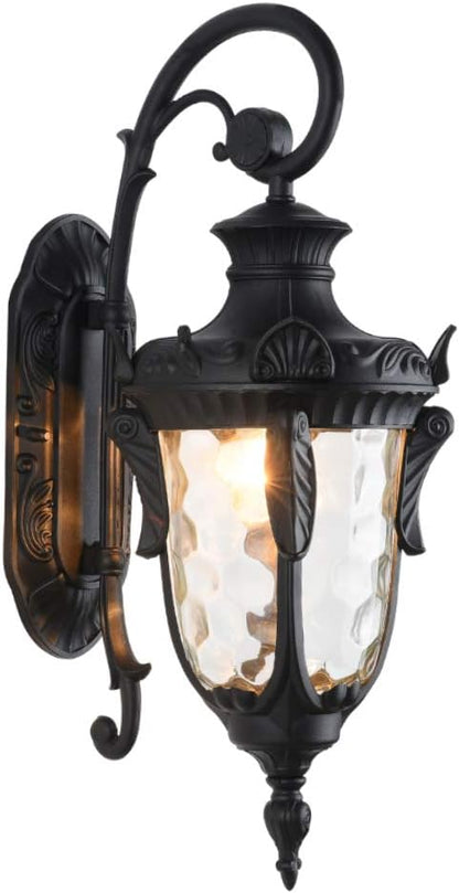 LONEDRUID Outdoor Wall Light Fixtures Black 16.93”H Exterior Wall Lantern Waterproof Sconce Porch Lights Wall Mount with Hammered Glass Shade for House