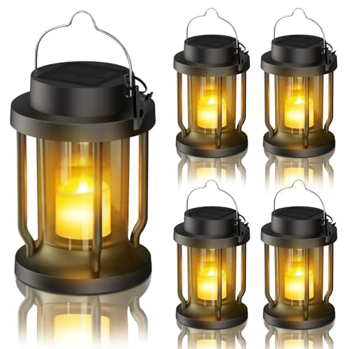 Solar Lantern Outdoor & Indoor Use – Hanging Solar Lights with Realistic Flickering Flameless Candle, Weatherproof for Gardens, Patios, Trees, and Lawns (Black, 4 Pack)