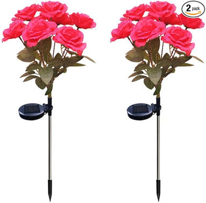 Aolyty Solar Garden Lights, 2 Pack Solar Rose Lights with 14 Rose Flowers, IP65 Waterproof LED Landscape Light Warm Light for Garden Patio Yard Pathway Valentines Day Outdoor Decorative (Red)