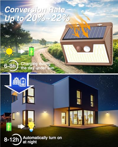 Solar Lights Outdoor Motion Sensor Waterproof, 6Pack 140LED Brown Solar Powered Fence Light, 3 Modes Security Wall Lights for Garden Yard Outside(Warm White)