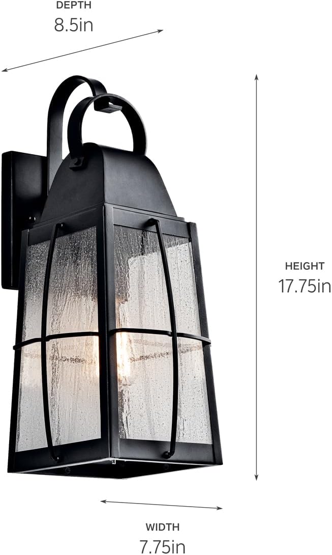 Kichler Tolerand 17.75"" Outdoor Wall Light in Textured Black, 1-Light Exterior Wall Sconce Porch Light with Clear Seeded Glass, (17.75" H x 7.75" W), 49553BKT