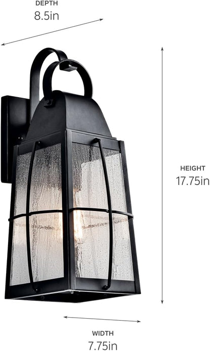 Kichler Tolerand 17.75"" Outdoor Wall Light in Textured Black, 1-Light Exterior Wall Sconce Porch Light with Clear Seeded Glass, (17.75" H x 7.75" W), 49553BKT