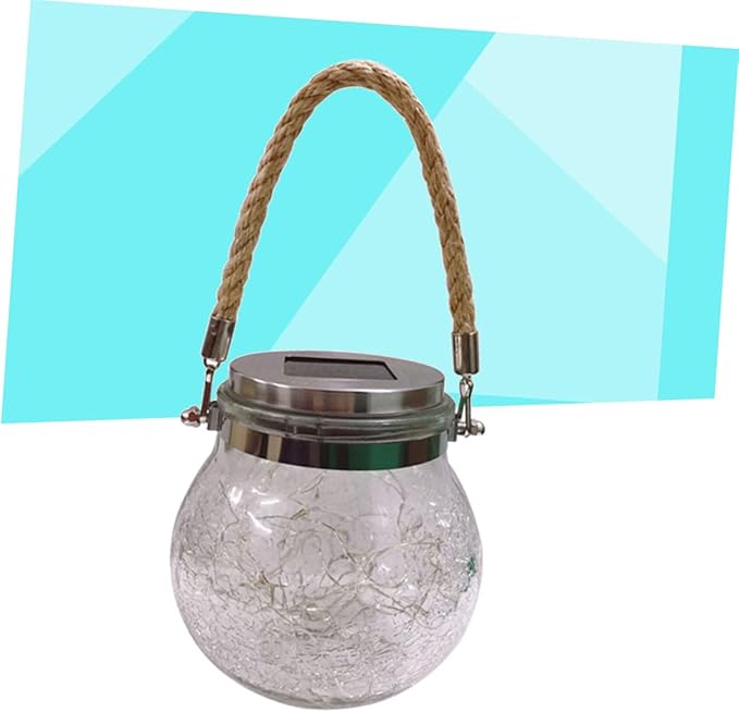 POPETPOP Solar Powered Crackle Glass Jar Lights Hanging Lamps for Outdoor Garden Lawn Patio Decor Unique Blue Light Design with Rope Handle