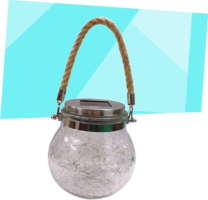 POPETPOP Solar Powered Crackle Glass Jar Lights Hanging Lamps for Outdoor Garden Lawn Patio Decor Unique Blue Light Design with Rope Handle