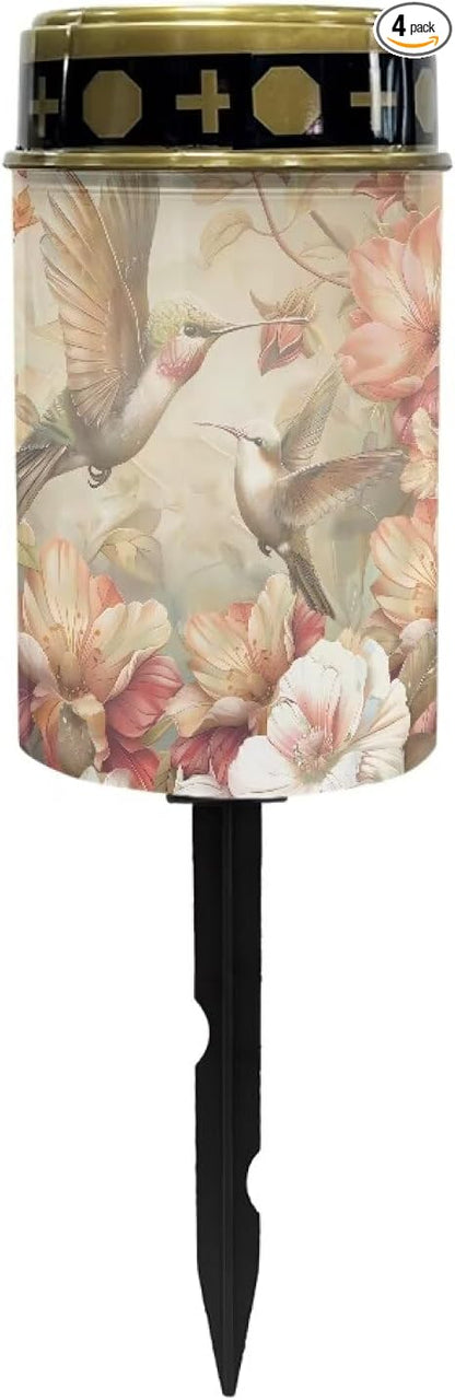ZOUTAIRONG Hummingbird Floral Print Solar Light for Cemetery Grave Durable Solar Garden Lights Landscape Lighting Pathway Light Cemetery 4 Pack