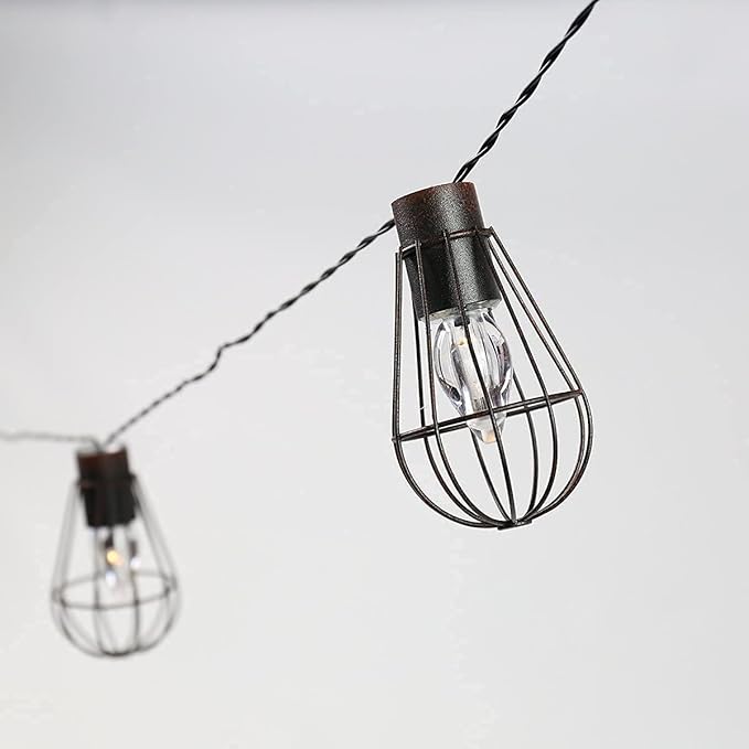 Solar Bulbs String Light,Metal Shade/Wire Cage-10 LED Bulbs Outdoor Fairy Lights Vintage String Lights Decoration for Garden Patio Cafe Porch