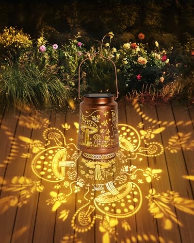 2 Pack Mushroom Solar Lanterns Outdoor Waterproof, Garden Decor Birthday Gifts for Women Mom Grandma Sister, Metal Hanging Solar Lights Outside Decorative for Backyard Patio Lawn Pathway Landscape