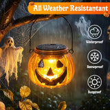 Brizled Halloween Pumpkin Solar Lantern, 2 Pack Glass Hanging Light Outdoor