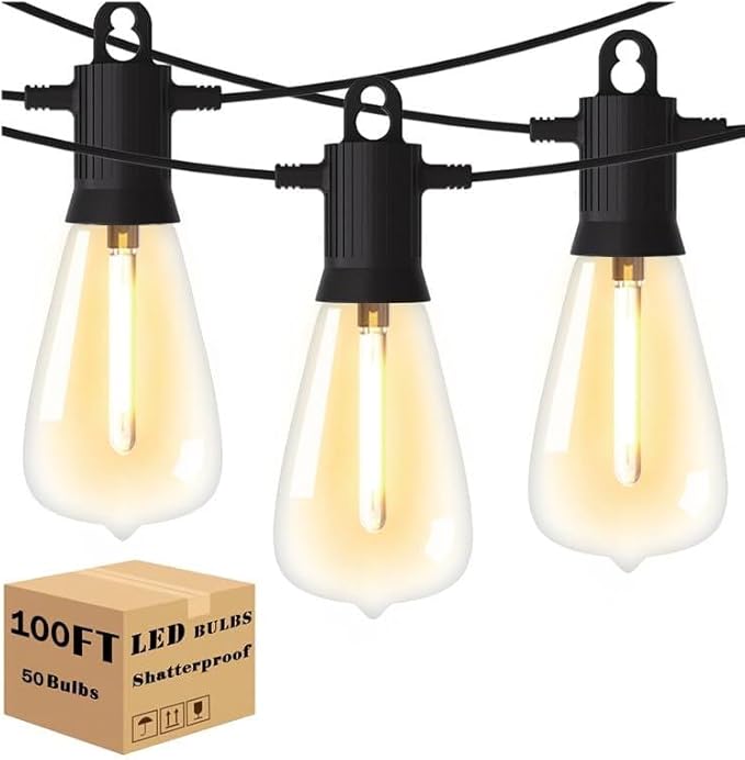 48ft Dimmable Patio Lights with 15+1 S14 Retro Edison Bulbs & 144 Fairy Rope and LED Patio Lights with 52（50+2 Spare ST38 Shatterproof Bulbs