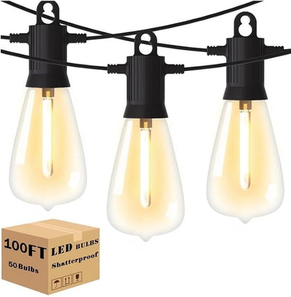 48ft Dimmable Patio Lights with 15+1 S14 Retro Edison Bulbs & 144 Fairy Rope and LED Patio Lights with 52（50+2 Spare ST38 Shatterproof Bulbs