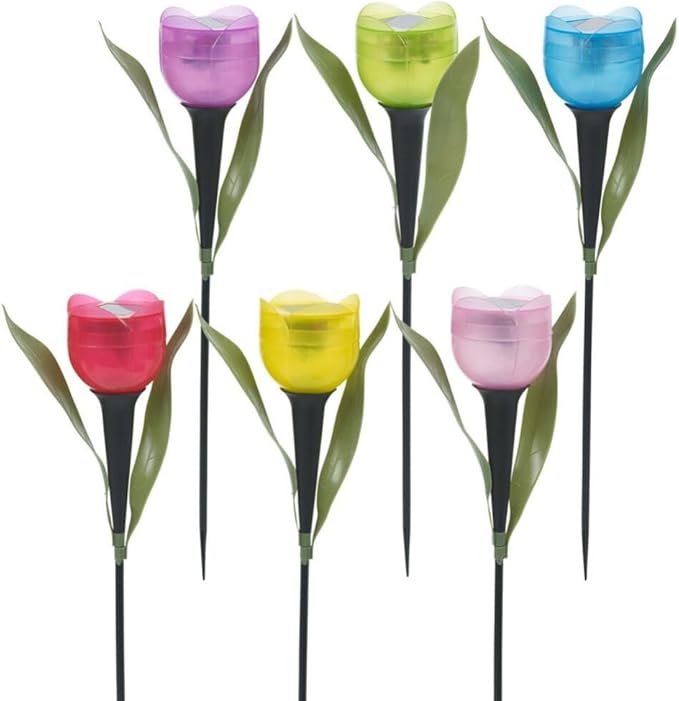 anso 6pcs Garden Tulip Flower Shape LED Solar Powered Lights Outdoor Yard Standing Decors (Multicolor)