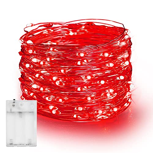Dazzle Bright Fairy Lights Battery Operated, 20 FT 60 LED Silver Wire Waterproof Battery Operated String Lights, Christmas Decorations for Indoor Outdoor Bedroom Yard Decor, Red