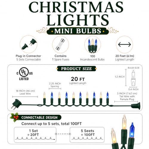TW SHINE Christmas Mini String Lights, 20FT 100 Count Incandescent Mini Christmas Tree Lights, Waterproof Xmas String Lights for Outdoor Indoor Home Party Yard Decorations, Warm White and Blue