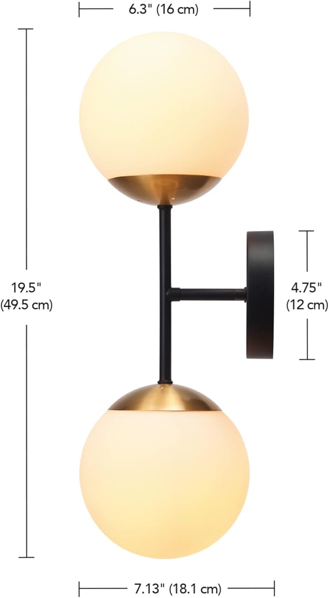 GLOBE Electric 52079 2-Light Wall Sconce, Matte Black, Antique Brass Accent Socket, Matte Opal Glass Shades, Modern Light for Living Room or Bedroom, Dimmer Switch Compatible, E26 Base