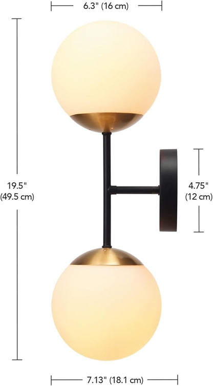 GLOBE Electric 52079 2-Light Wall Sconce, Matte Black, Antique Brass Accent Socket, Matte Opal Glass Shades, Modern Light for Living Room or Bedroom, Dimmer Switch Compatible, E26 Base