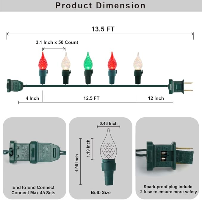 Red White and Green Christmas Lights C5 Glass 50 LED 13.5ft Plug in mini Warm String Lights ETL Certified Waterproof for Indoor/Outdoor Christmas Tree Holiday Decorations Connect Up to 36 Strands
