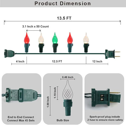 Red White and Green Christmas Lights C5 Glass 50 LED 13.5ft Plug in mini Warm String Lights ETL Certified Waterproof for Indoor/Outdoor Christmas Tree Holiday Decorations Connect Up to 36 Strands