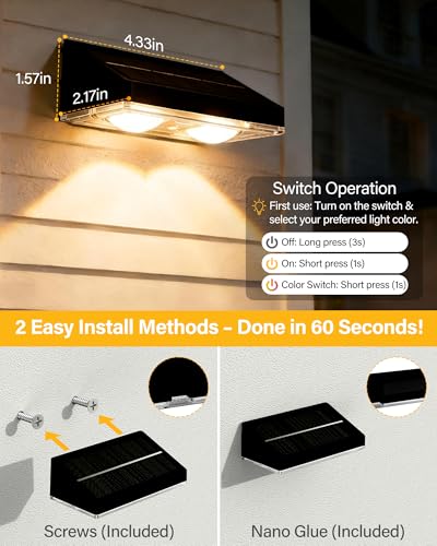 Solar Fence Lights Outdoor, 2 Pack Fence Lights Solar Powered