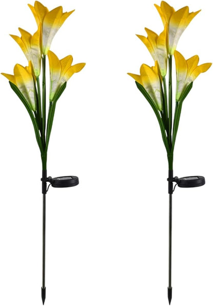 Outdoor Solar Lights, 2 Pack Solar Garden Lights with Lily Flowers, Waterproof Garden Light Outdoor - Yard Decorations for Patio Yard Decoration (Yellow)