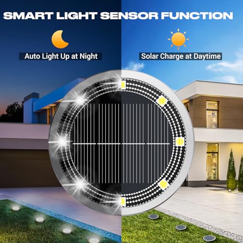 Solar Ground Lights Outdoor, 16 Pack Flat Solar Powered Disc Lights, IP68 Waterproof, Anti-Rust, Landscape Lighting for Pathway Garden Yard Lawn Walkway Landscape Driveway, Mini, Cool White