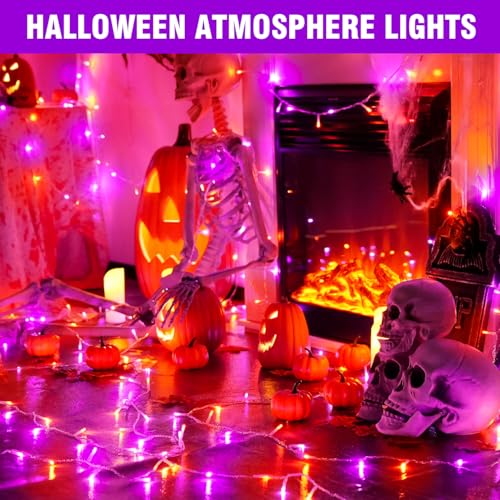 100FT Purple Orange Halloween Lights, Clear Wire Plug-in String Lights