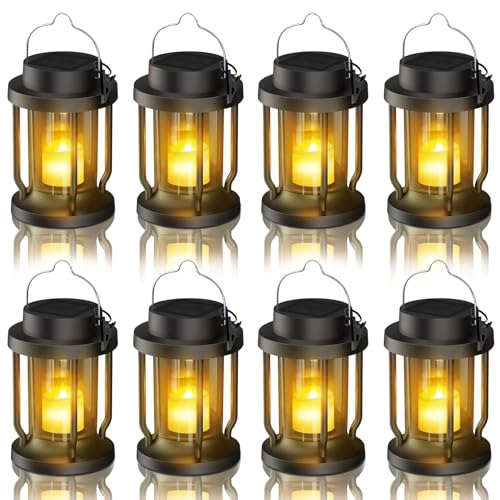 Solar Lantern Outdoor & Indoor Use – Hanging Solar Lights with Realistic Flickering Flameless Candle, Weatherproof for Gardens, Patios, Trees, and Lawns (Black, 8 Pack)