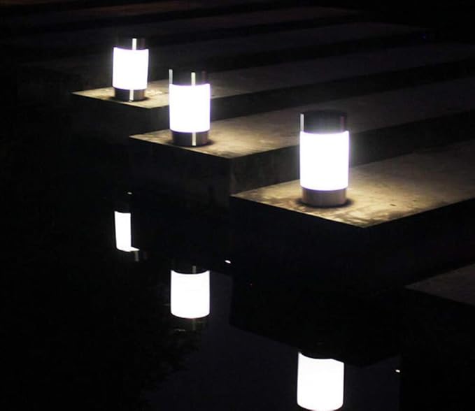 Solar Garden Lights Outdoor Solar Landscape Lights Silver Stainless Steel Bollard Decorative Lighting Waterproof Solar Powered Pathway Lights for Lawn Patio Yard Walkway Driveway,White,4 Pack
