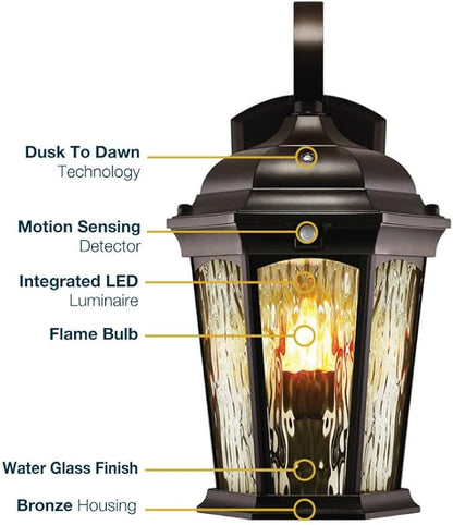 Euri Lighting EFL-130W-MD Flickering Flame Porch Light, Water Glass, with Integrated Security Light (3000K), Motion-Sensor, Dusk-to-Dawn, Oil Rubbed Bronze Housing