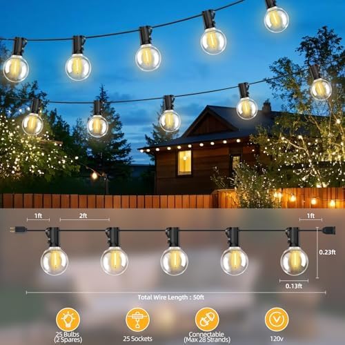 50FT G40 LED String Lights with 25 Shatterproof Bulbs (2 Spares), E12 Sockets, 2700K Warm White, eatherproof Patio | Lumora