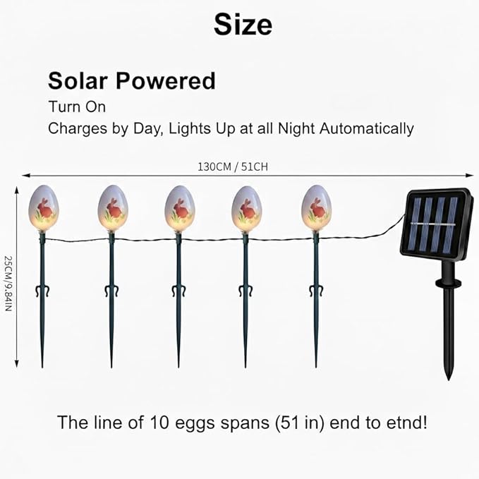 Solar Easter Egg Lights Outdoor Decorations 8 Modes Waterproof Garden Path Lights for Yard Decoration with 10 Eggs