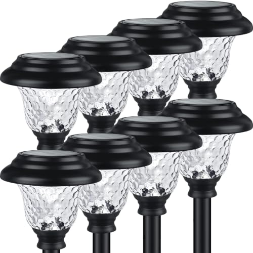 Glass Solar Lights Outdoor waterproof, 8 Pack Super Bright Solar Pathway Lights, Up to 12 Hrs Long Last Auto On/Off Garden Lights Solar Powered, Stainless Steel LED Light For Yard Landscape Warm White