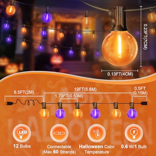 LAMPHOME Orange & Purple ST38 LED Outdoor String Lights,26FT Patio Lights with 12+1 Shatterproof Edison Bulbs,UL Waterproof Connectable Dimmable Hanging Lights for Halloween Backyard Porch Decor