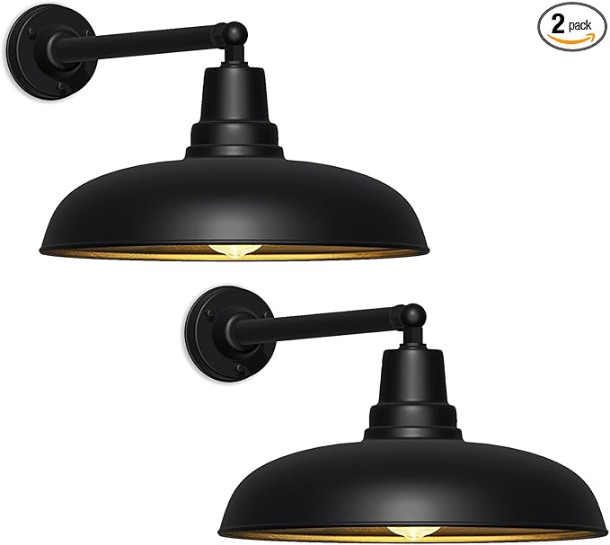 Large 20" Outdoor Gooseneck Barn Lights - Black Wall Mount, Weatherproof and Rustproof, Classic Farmhouse Style for Warehouse, Porch or Barn - 2 Pack