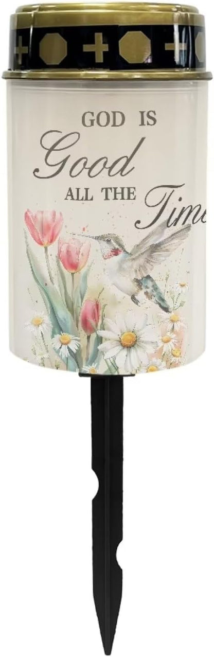 Floral Cemetery Solar Lights with Hummingbird God is Good All The Time Religious Solar Lights Outdoor Waterproof for Graves in Cemetery Solar Pathway Lights