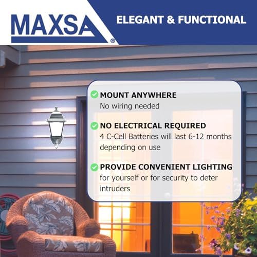 Maxsa 44219-RS Premium Wireless Battery-Powered Motion-Activated Decorative Outdoor Wall Sconce Lighting Fixture, Cool White LED, Metal Housing, Black