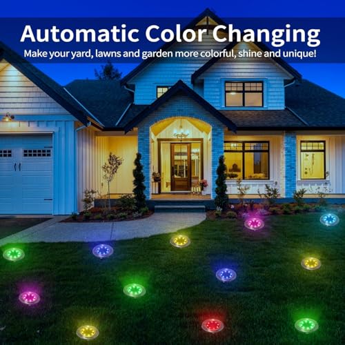 LYHOPE Solar Ground Light Outdoor, 8 Pack 8 LED Color Changing Solar Disk Lights Waterproof Garden In-ground Pathway Lights Landscape Lighting for Lawn,Yard,Deck,Patio,Walkway (RGB)
