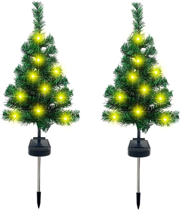 Solar Christmas Tree Garden Stake Lights, 2Pcs Outdoor LEDs Solar Powered Xmas Pathway Lights, Christmas Decorations Tree Lights for Porch Pathway Yard Decor