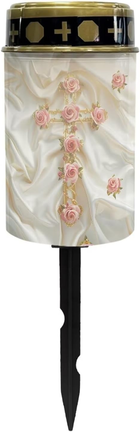 Cross Solar Pathway Lights Pink Rose Cemetery Solar Lights with White Silk Landscape Path Lights LED Solar Power Cemetery Decorations for Grave Outdoor Lights
