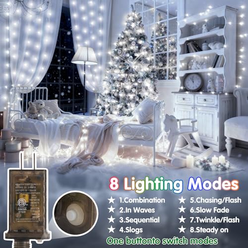 KNONEW 203FT 600LED Green Wire Outdoor Fairy Lights Plug in Cool White Xmas