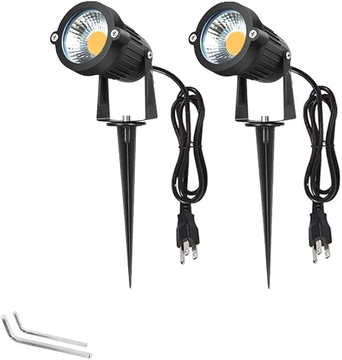 Youngine Pack of 2, Outdoor COB 5W LED Landscape Lights IP65 Waterproof COB Spotlights with Spiked Stand and US Plug for Outdoor Flag, Yard, Lawn, Tree (Warm White)