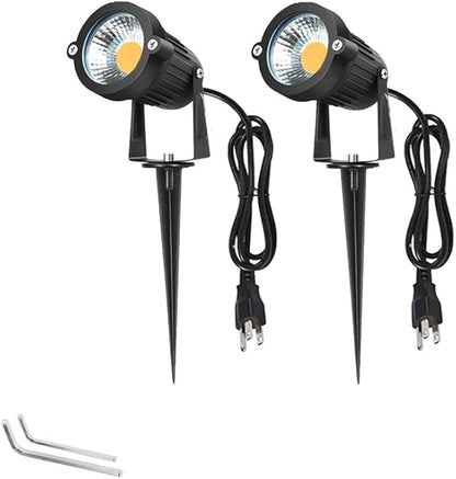 Youngine Pack of 2, Outdoor COB 5W LED Landscape Lights IP65 Waterproof COB Spotlights with Spiked Stand and US Plug for Outdoor Flag, Yard, Lawn, Tree (Warm White)